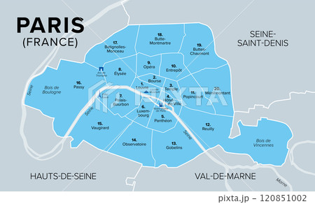 Arrondissements of Paris, capital of France, Europe, political map. Paris is divided into 20 municipal arrondissements. They spiral outwards clockwise, starting with Louvre, the first arrondissement. Arrondissements of Paris, capital of France, Europe, political map. Paris is divided into 20 municipal arrondissements. They spiral outwards clockwise, starting with Louvre, the first arrondissement. 120851002
