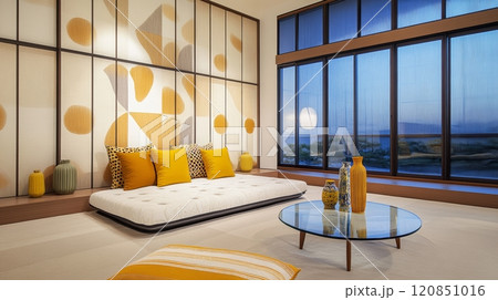 Evening light streams through windows, brightening a cozy bedroom with a Japanese mattress and bold decor 120851016