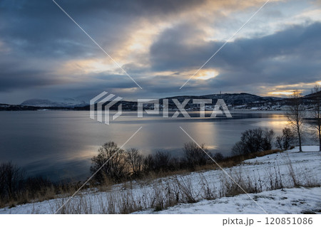 Sunset at the snow covered landscape, Harstad, Norway Sunset at the snow covered landscape, Harstad, Norway 120851086