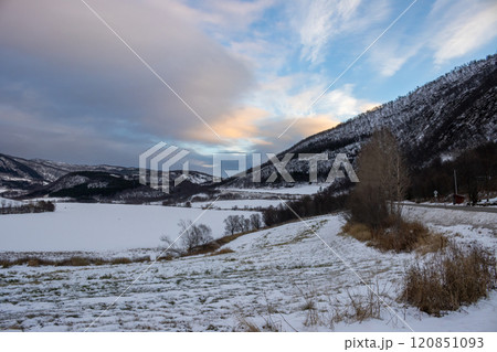 Snowy landcape with mountains, Harstad, Norway 120851093