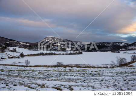 Snowy landcape with mountains, Harstad, Norway 120851094