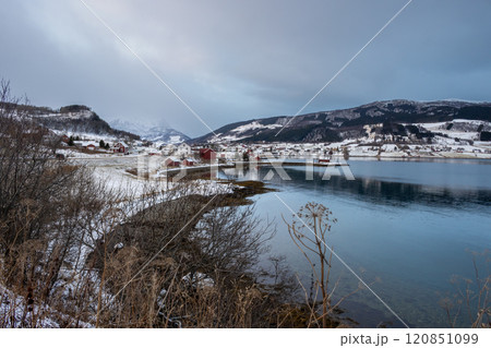 Seaside with houses, Harstad, Norway 120851099