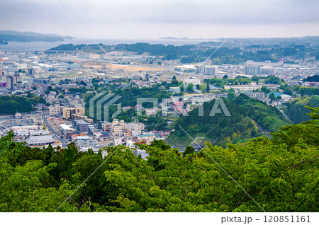 宮城県　気仙沼市　新緑の安波山から見晴らす市街地と大島 120851161