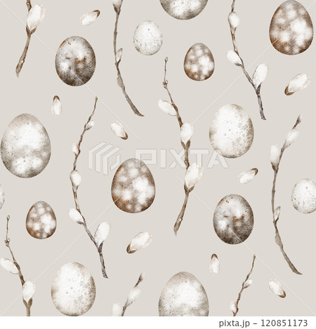 Seamless watercolor illustration of spring willow branches and Easter eggs. Hand-painted pattern for greeting cards, invitations, or fabric design. Botanical artwork in a rustic and delicate style. 120851173