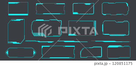 Futuristic HUD frames, borders text box game menu ui panel. Line tech line bar. Screen elements Sci Fi for Gaming UX UI 120851175