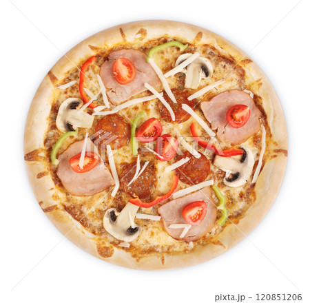pizza with mushrooms, olives and olives isolated 120851206