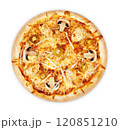 pizza with mushrooms, olives and olives isolated 120851210