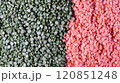 Red lentils and green split peas background 120851248