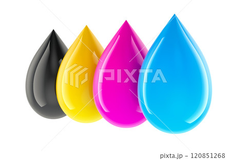 CMYK concept with colored drops. 3D rendering CMYK concept with colored drops. 3D rendering 120851268