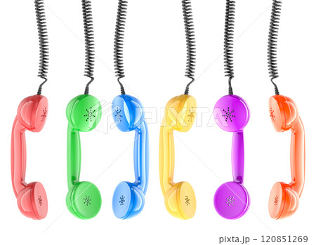 Colored phone handsets hanging. 3D rendering 120851269
