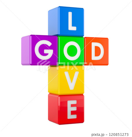 God is Love, concept. God and love words crossed from colored cubes, 3D rendering 120851273
