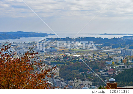 宮城県　気仙沼市　秋　安波山から見晴らす気仙沼湾横断橋と街並み 120851353