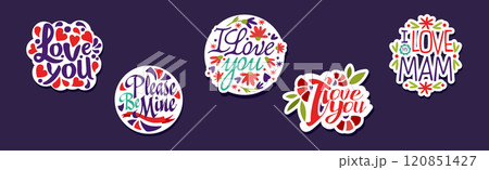 Love Lettering Sticker and Badges with Flowers Vector Set 120851427