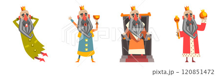 Funny Bearded King Character Emperor in Golden Crown Vector Set Funny Bearded King Character Emperor in Golden Crown Vector Set 120851472