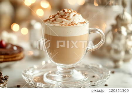 Close-up of coffee with whipped cream topped of coffee powder on the table in graceful transparent glass cup, elegant, exquisite serving of drink in restaurant or cafe on holiday 120851500