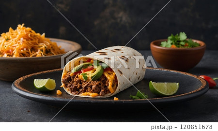 A hearty burrito featuring succulent, seasoned meat, fresh tomatoes, lettuce, and melted cheese wrapped in a warm tortilla rests on a dark surface, showcasing its vibrant ingredients A hearty burrito featuring succulent, seasoned meat, fresh tomatoes, lettuce, and melted cheese wrapped in a warm tortilla rests on a dark surface, showcasing its vibrant ingredients 120851678