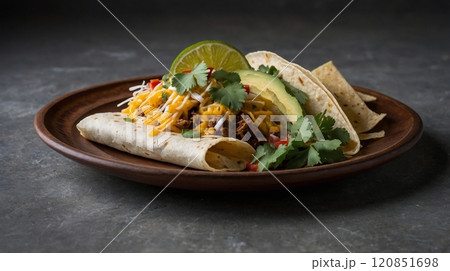 A flavorful plate of traditional food features rice with spices, topped with fresh vegetables, served with citrus, avocado, and a warm beverage on a wooden table 120851698
