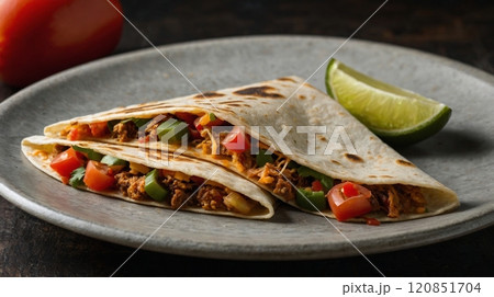 Tacos filled with savory meat and crisp vegetables rest on a rustic platter surrounded by fresh limes, tomatoes, and salsa, showcasing vibrant Mexican cuisine Tacos filled with savory meat and crisp vegetables rest on a rustic platter surrounded by fresh limes, tomatoes, and salsa, showcasing vibrant Mexican cuisine 120851704