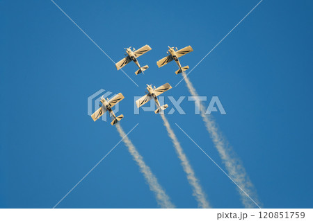 Stunt aerobatic planes performing stunts in air Stunt aerobatic planes performing stunts in air 120851759