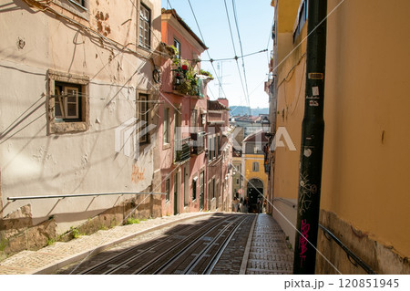 Lisbon, Portugal, facade of colorful old houses with windows, European historical buildings, cozy cityscape, Portuguese streets landscape 120851945