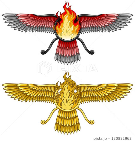 Zoroastrian winged solar disk with fire 120851962