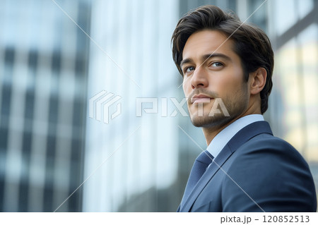 オフィスビルを背景に自信のある表情をした30代の男性ビジネスマンのポートレート 120852513