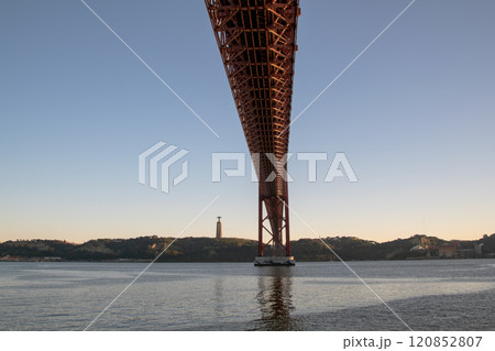 Lisbon, Portugal, Ponte 25 de Abril Bridge metal structure, modern architecture 120852807