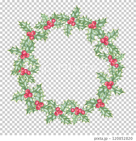 Holly wreath with lush green leaves and bright red winter berries. Ilex round frame watercolor clipart. Perfect for Christmas-themed designs, holiday cards, wrapping paper, and festive merchandise 120852820