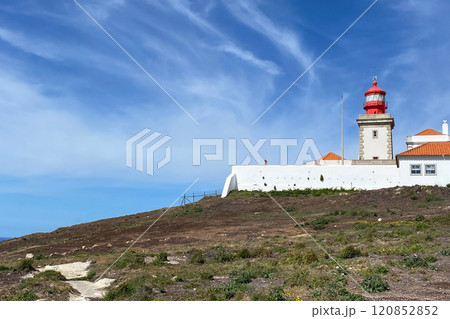 Beautiful old lighthouse against blue sky, Cape Da Roca, Cabo da Roca, Portugal Beautiful old lighthouse against blue sky, Cape Da Roca, Cabo da Roca, Portugal 120852852