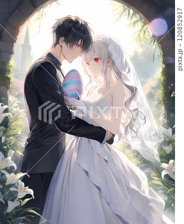 百合の咲く庭で挙式するカップル。アルビノの少女と碧眼の青年の結婚式。日本のアニメ風のAIイラスト 120852917