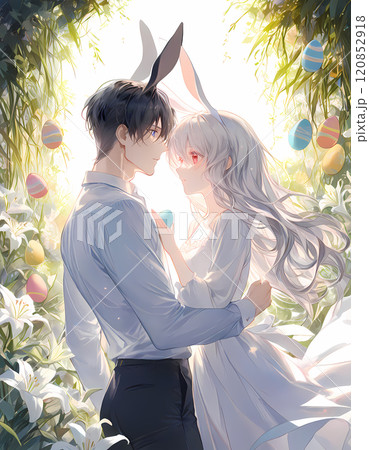 兎の耳をつけたカップル。アルビノの少女と碧眼の青年のイースター。日本のアニメ風のAIイラスト 兎の耳をつけたカップル。アルビノの少女と碧眼の青年のイースター。日本のアニメ風のAIイラスト 120852918