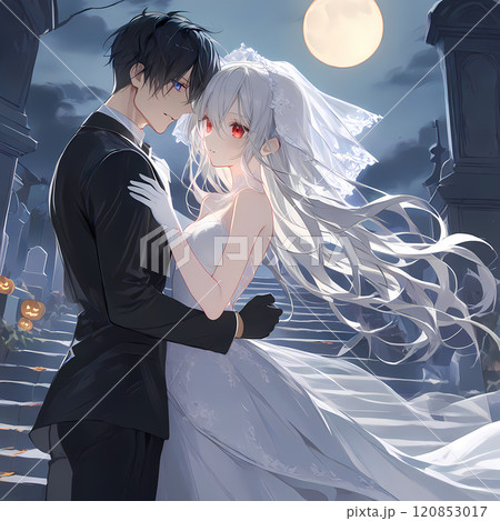 アルビノの少女と碧眼の青年のハロウィン。死者に祝福されるカップル。日本のアニメ風のAIイラスト 120853017
