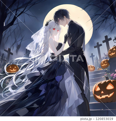 アルビノの少女と碧眼の青年のハロウィン。死者に祝福されるカップル。日本のアニメ風のAIイラスト アルビノの少女と碧眼の青年のハロウィン。死者に祝福されるカップル。日本のアニメ風のAIイラスト 120853019