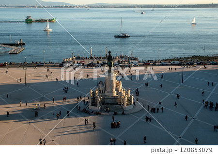 Lisbon, Portugal, top view of people on the main square of the city, European historical buildings, cozy cityscape, Portuguese streets 120853079