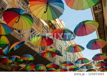 Colorful rainbow umbrellas on Pink Street in Lisbon, Portugal, Europe Colorful rainbow umbrellas on Pink Street in Lisbon, Portugal, Europe 120853085