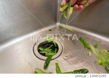 Cucumber peels directed into a disposer under running water for efficient and eco-friendly kitchen waste disposal. Cucumber peels directed into a disposer under running water for efficient and eco-friendly kitchen waste disposal. 120853295