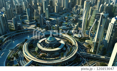 a futuristic smart city with modern skyscrapers, circular architectural designs, elevated walkways, and integrated greenery, showcasing advanced urban planning and sustainability 120853647