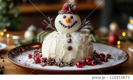 a festive snowman-shaped dessert, beautifully decorated with a snowy frosting, chocolate details, and garnished with berries 120853673