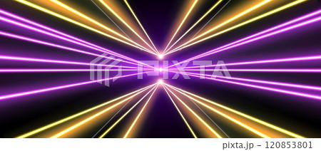 Laser rays or beams, glowing neon lines, bright futuristic background. Motion or speed light effect. 120853801