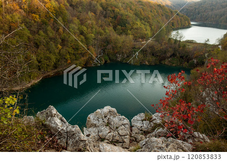 Autumn colors and lake of Plitvice National Park in Croatia, seasonal colorful background Autumn colors and lake of Plitvice National Park in Croatia, seasonal colorful background 120853833