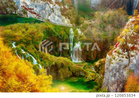Autumn colors and waterfalls of Plitvice National Park in Croatia, seasonal colorful background 120853834