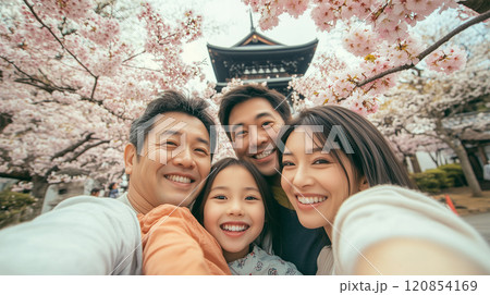 桜の季節に寺院で家族と自撮りを楽しむ日本人 桜の季節に寺院で家族と自撮りを楽しむ日本人 120854169