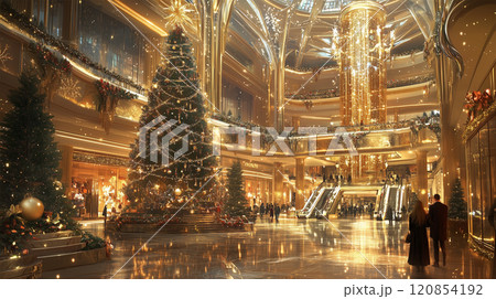 巨大なクリスマスツリーが輝くショッピングモ. 120854192