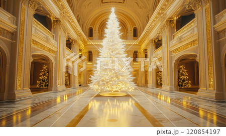 豪華なホールに飾られた純白のクリスマスツリ. 120854197