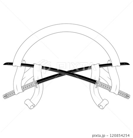 Ancient Japanese sword surrounded with ribbon Ancient Japanese sword surrounded with ribbon 120854254