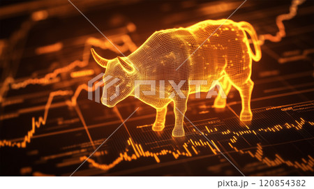 強気市場を象徴する光るブルのワイヤーフレー. 強気市場を象徴する光るブルのワイヤーフレー. 120854382