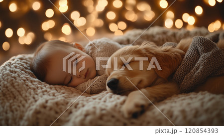 赤ちゃんと子犬の心温まる眠りのひととき 120854393