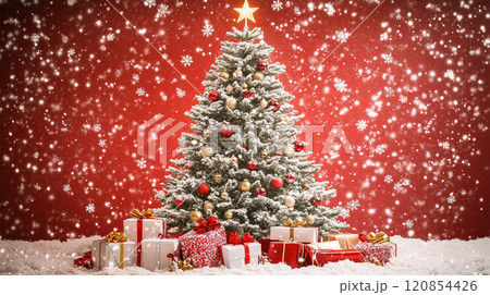 雪と装飾に彩られたクリスマスツリー 120854426
