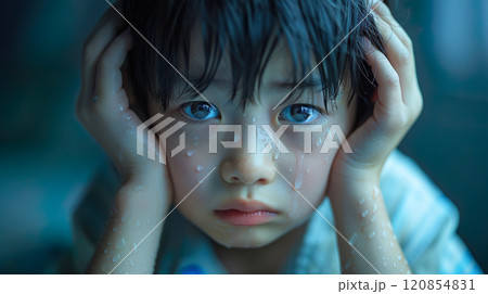びしょ濡れで頭を抱え怯えた表情の男の子 120854831