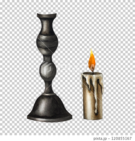 Black vintage candleholder with burning candle watercolor illustration isolated on white background. Tall Halloween candelabrum and candle simple drawing for retro church or Gothic designs. Esoteric Black vintage candleholder with burning candle watercolor illustration isolated on white background. Tall Halloween candelabrum and candle simple drawing for retro church or Gothic designs. Esoteric 120855167